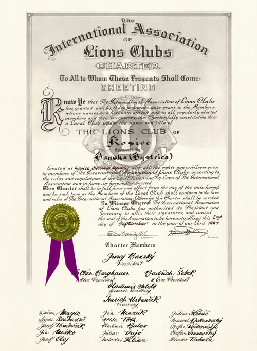 Certifikát Charter Lions Club